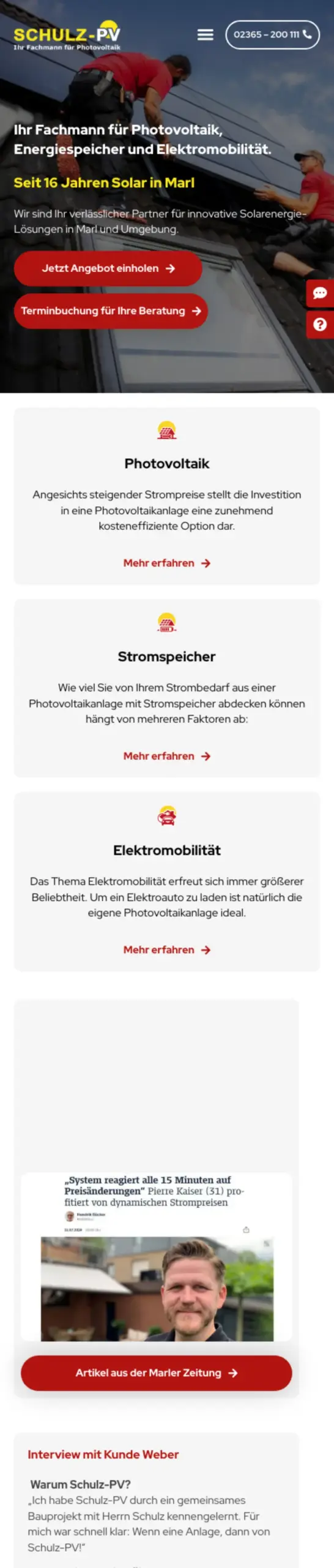 Website von Schulz PV, Kreis Recklinghausen in der Mobilansicht