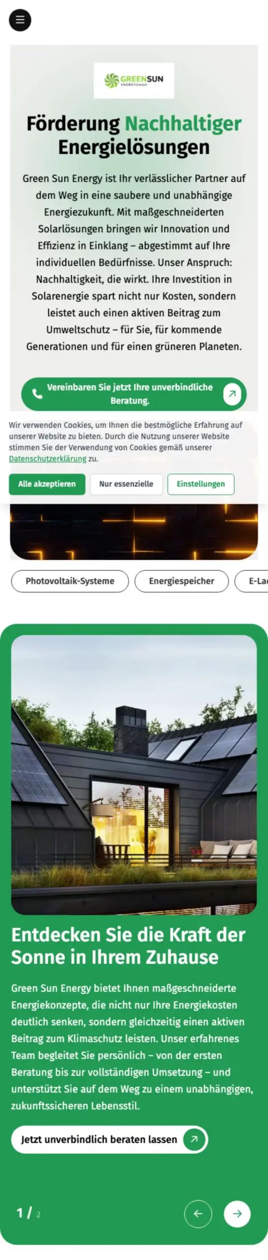 Website von Green Sun Energy, Landkreis Rostock in der Mobilansicht