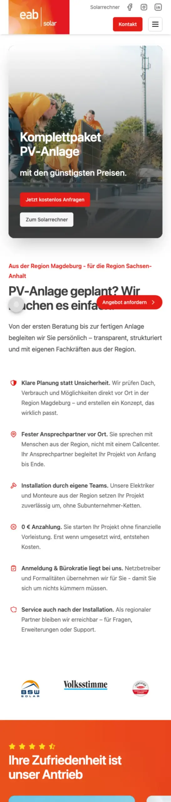 Website von eab solar, Magdeburg in der Mobilansicht