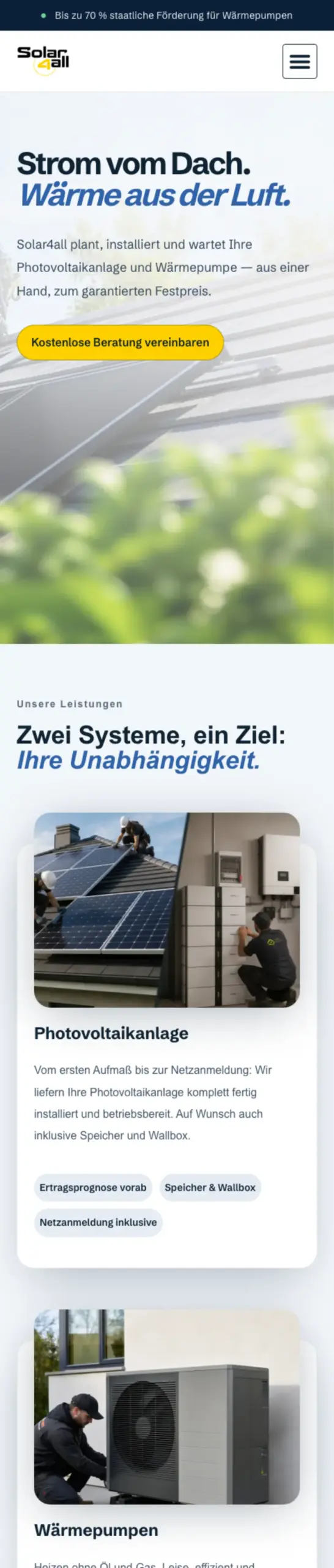 Website von Solar4all, Nürnberg in der Mobilansicht
