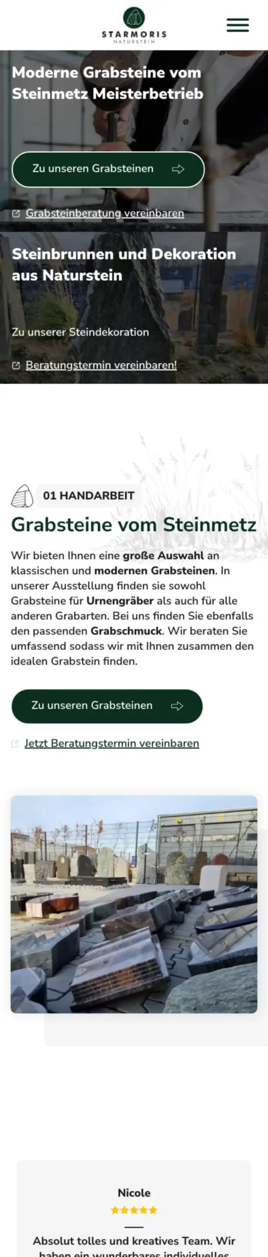 Website von Starmoris Naturstein, Kreis Recklinghausen in der Mobilansicht