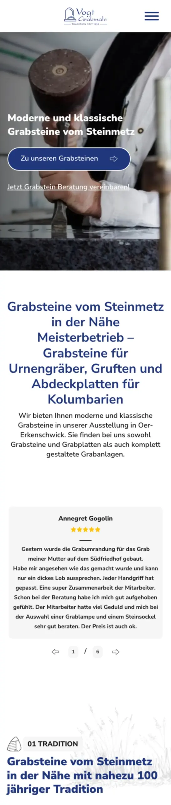 Website von Vogt Grabmale, Kreis Recklinghausen in der Mobilansicht