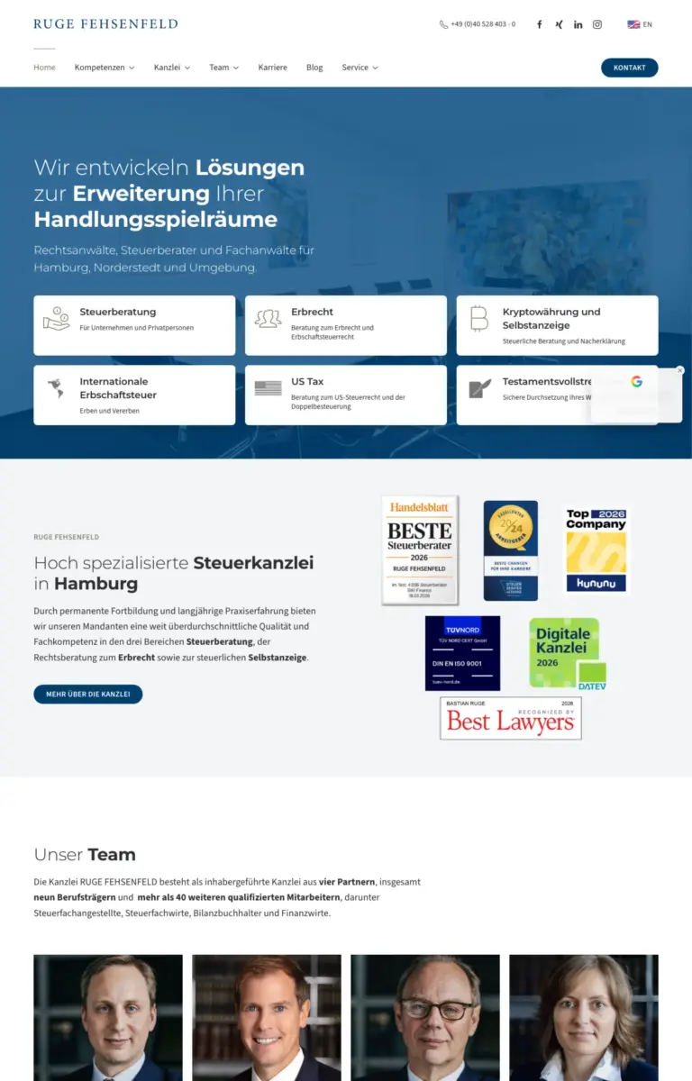 Startseite der Website von Steuerberater Zum Hauptinhalt springen aus Hamburg in der Desktop-Ansicht