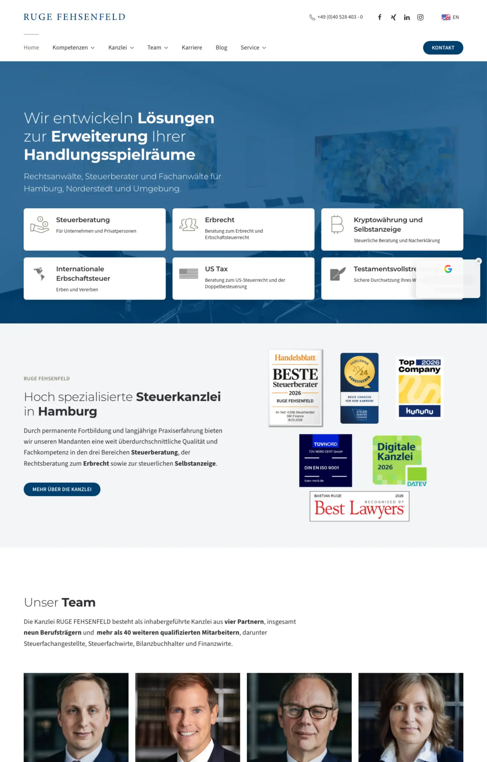 Website von Ruge Fehsenfeld, Hamburg in der Desktop-Ansicht