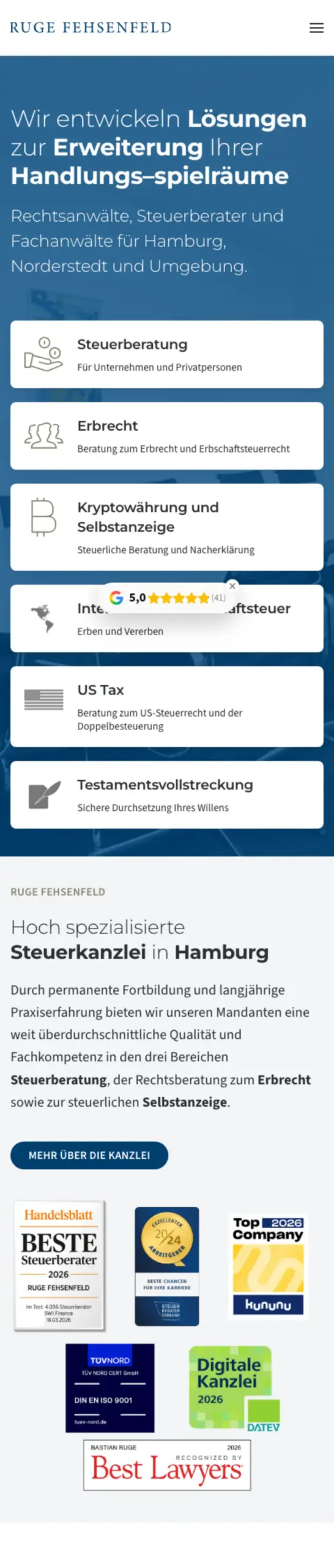 Website von Ruge Fehsenfeld, Hamburg in der Mobilansicht