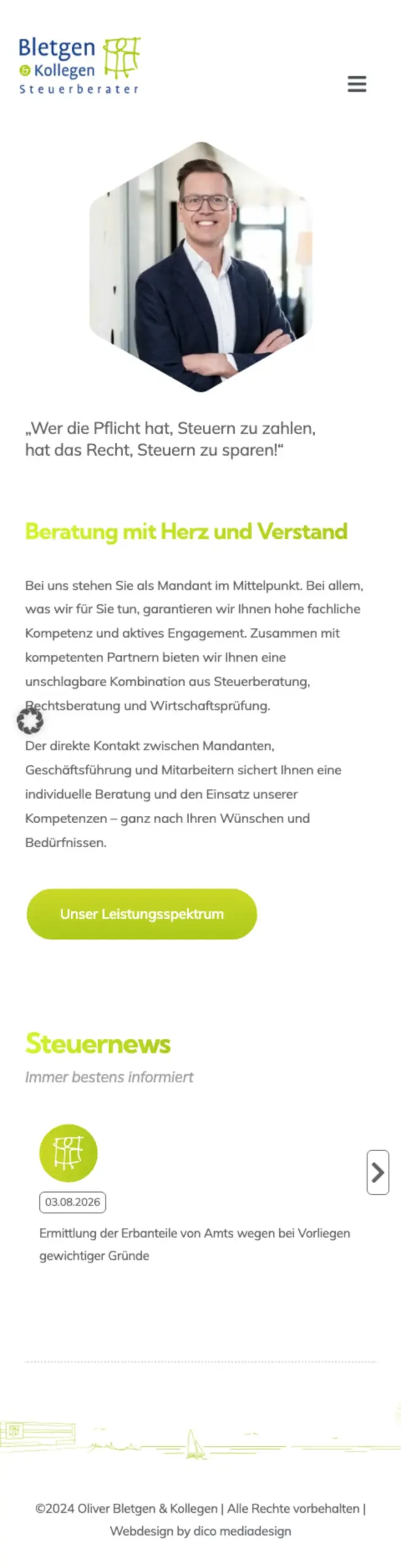 Website von Oliver Bletgen Steuerberater, Hannover in der Mobilansicht