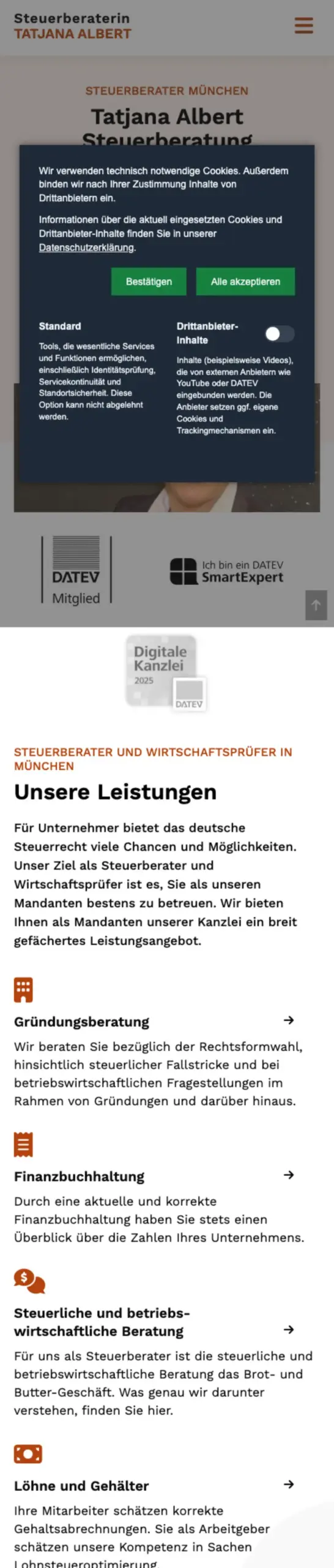 Website von STREIT & Albert PartG mbB Steuerberatungsgesellschaft, München in der Mobilansicht
