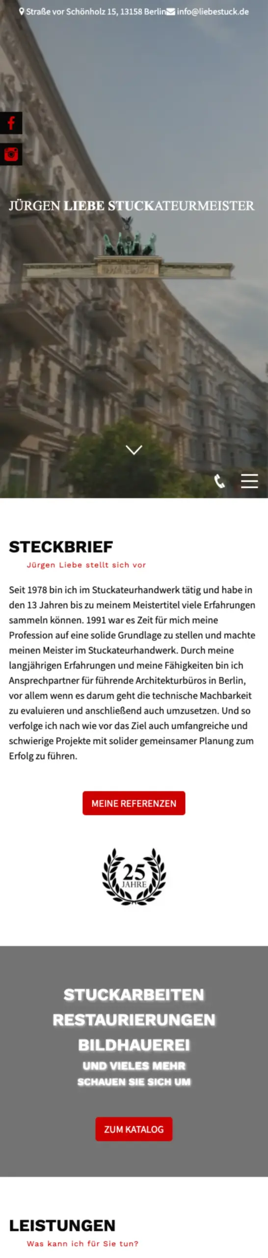 Website von Jürgen Liebe Stuckateur, Berlin in der Mobilansicht