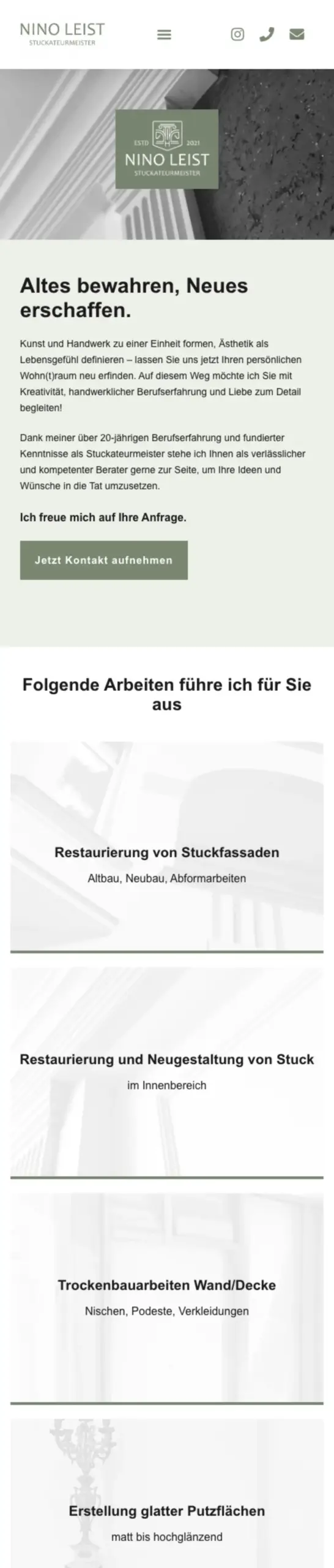 Website von Stuckateurmeister Nino Leist, Hannover in der Mobilansicht
