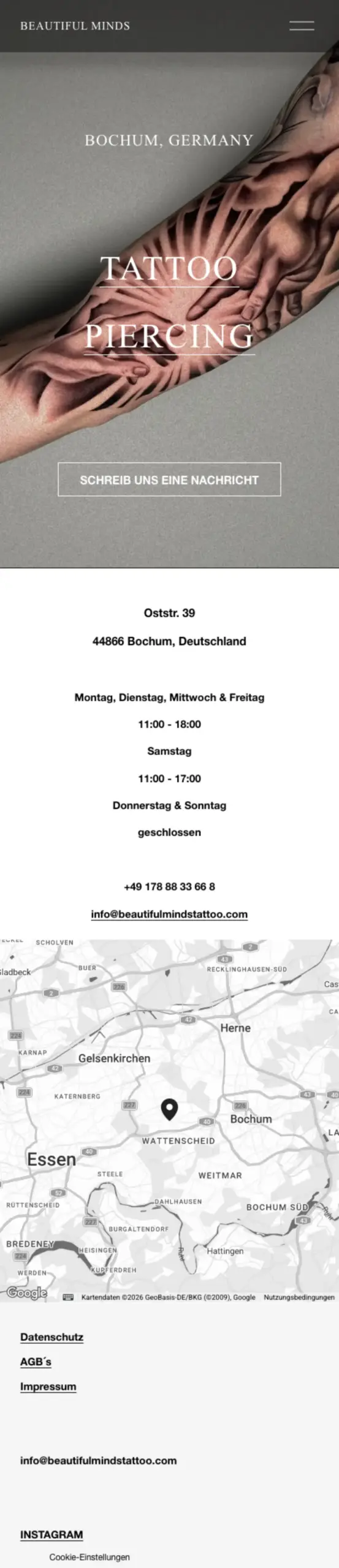 Website von Beautiful Minds Tattoo, Bochum in der Mobilansicht