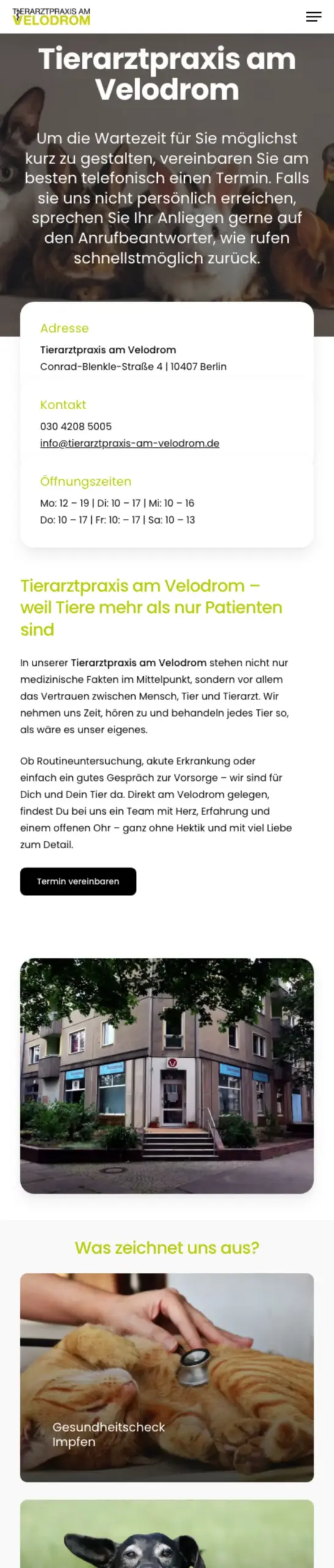 Website von Tierarztpraxis am Velodrom, Berlin in der Mobilansicht