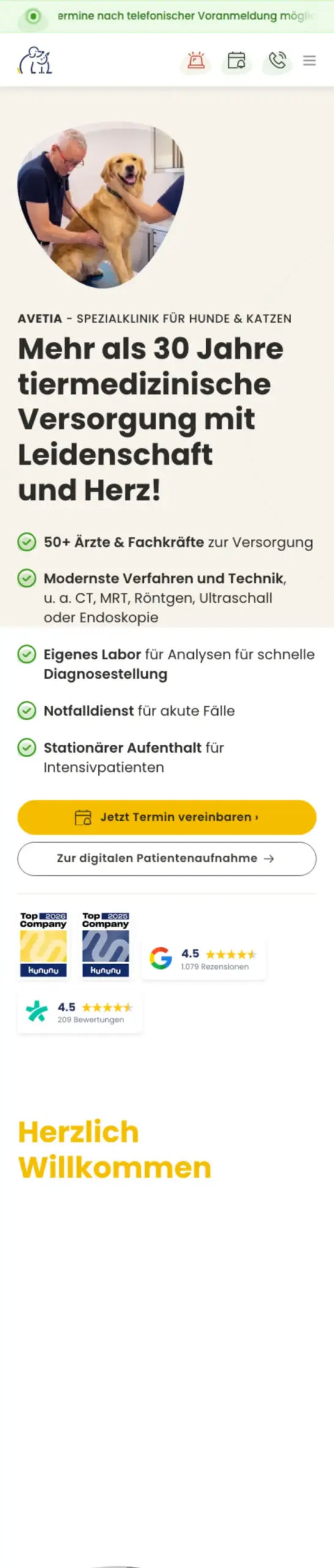 Website von AVETIA – Spezialklinik für Hunde & Katzen, Dresden in der Mobilansicht