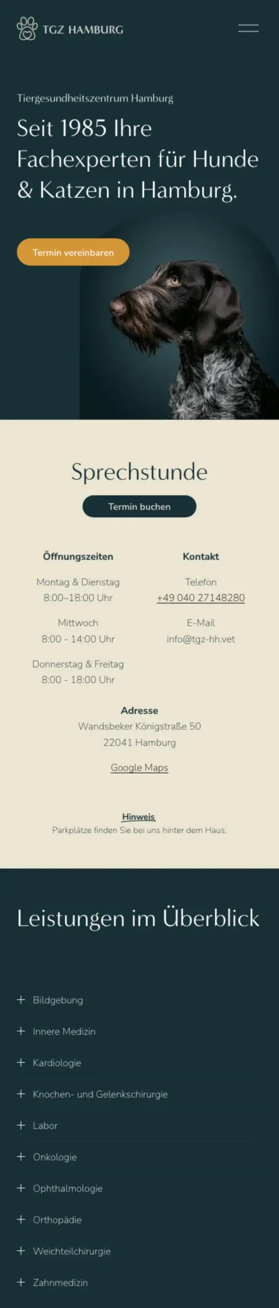 Website von Tiergesundheitszentrum Hamburg GbR, Hamburg in der Mobilansicht