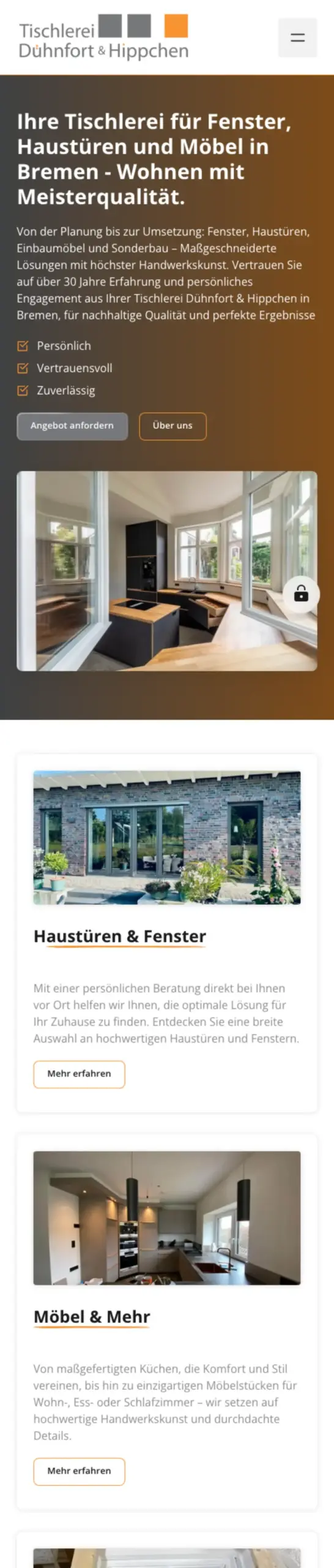 Website von Tischlerei Dühnfort & Hippchen, Bremen in der Mobilansicht
