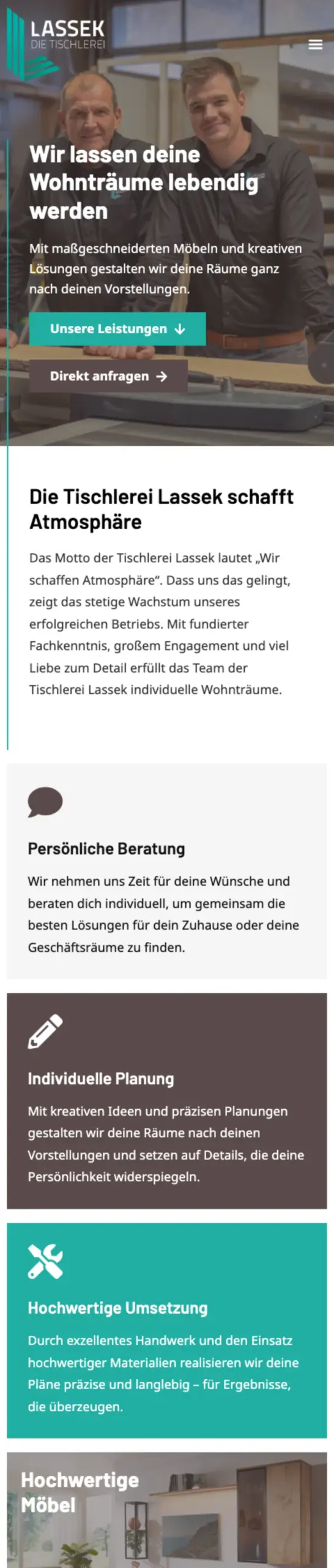 Website von Tischlerei Lassek, Dortmund in der Mobilansicht