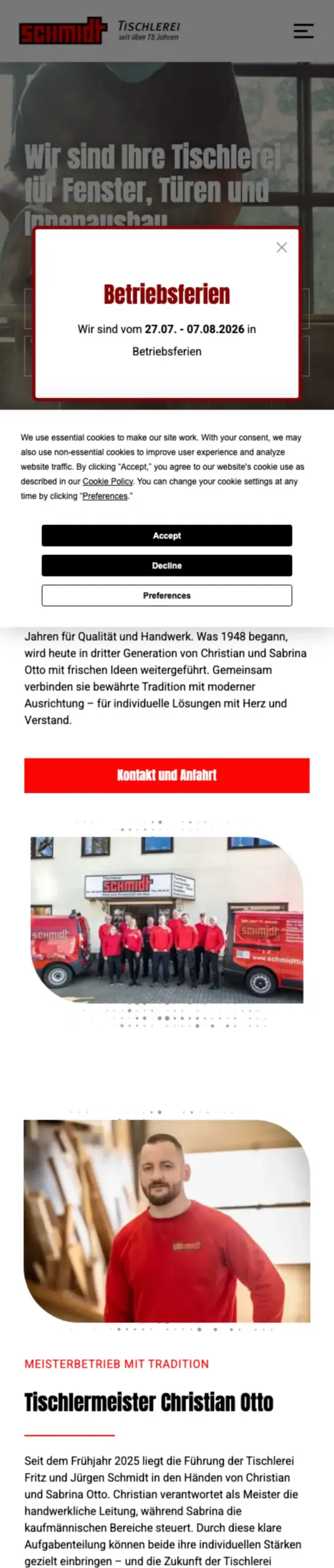 Website von Schmidt Tischlerei, Hamburg in der Mobilansicht