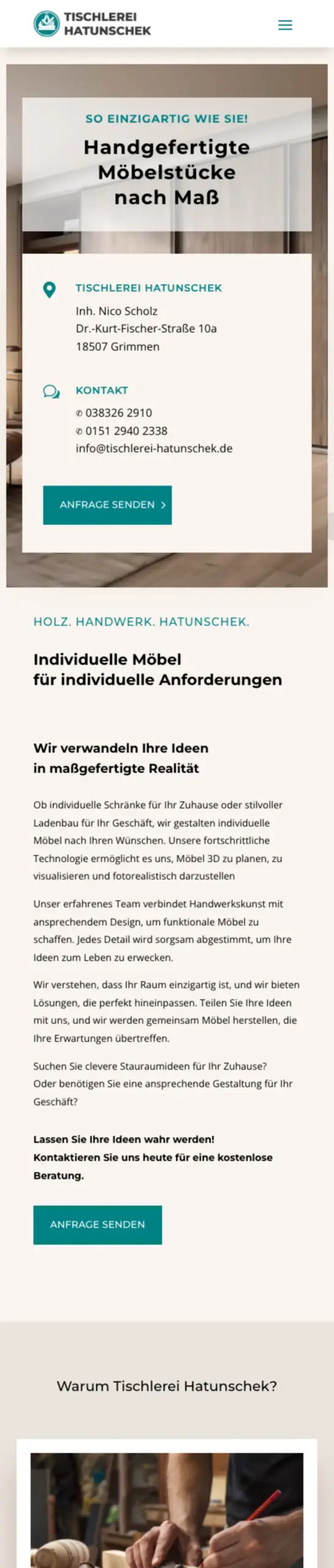 Website von Tischlerei Hatunschek, Landkreis Vorpommern-Rügen in der Mobilansicht