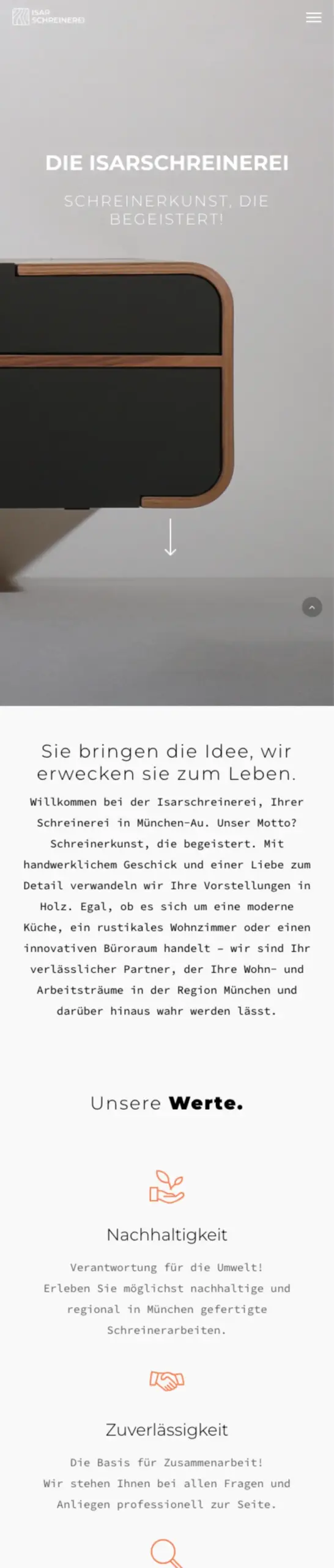 Website von Die Isarschreinerei, München in der Mobilansicht