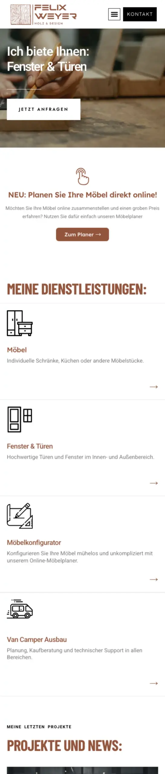 Website von Felix Weyer Holz & Design, Rhein-Erft-Kreis in der Mobilansicht