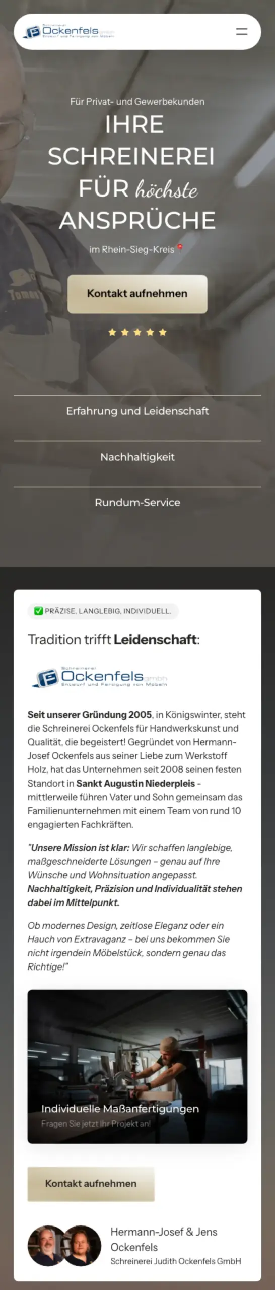 Website von Schreinerei Ockenfels, Rhein-Sieg-Kreis in der Mobilansicht