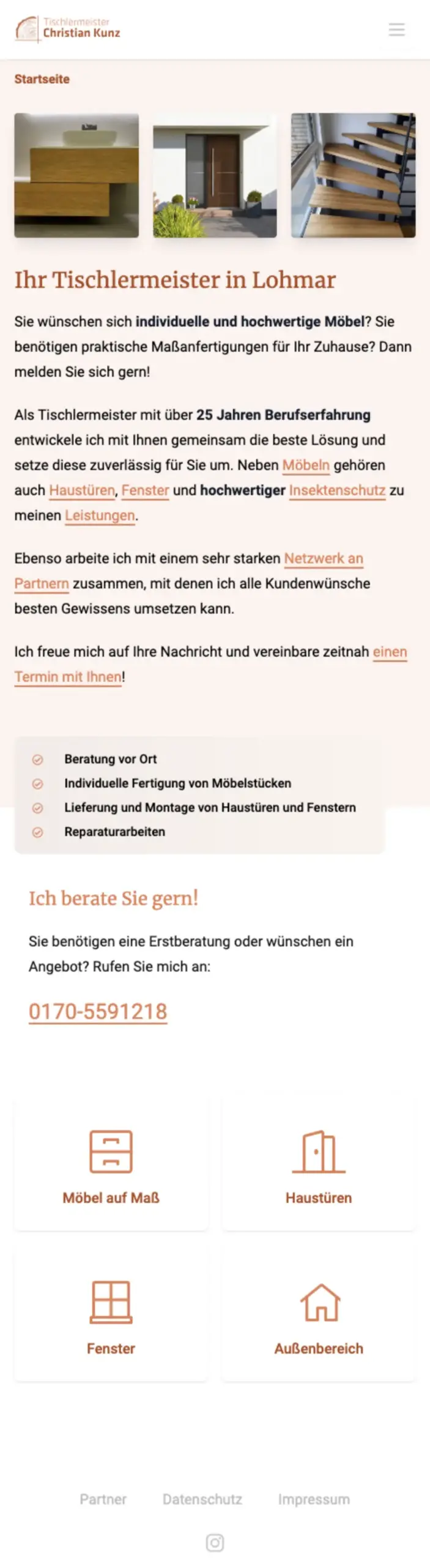 Website von Tischlermeister Christian Kunz, Rhein-Sieg-Kreis in der Mobilansicht