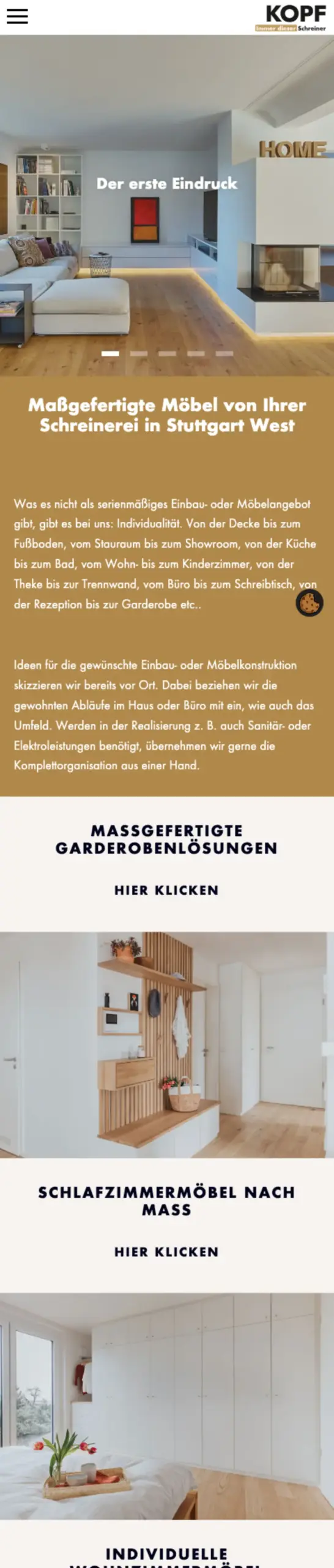 Website von Schreinerei KOPF, Stuttgart in der Mobilansicht