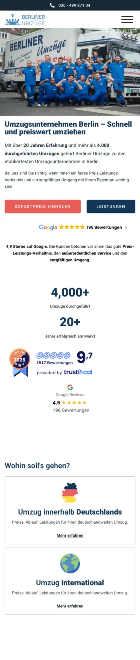 Website von Berliner Umzüge, Berlin in der Mobilansicht