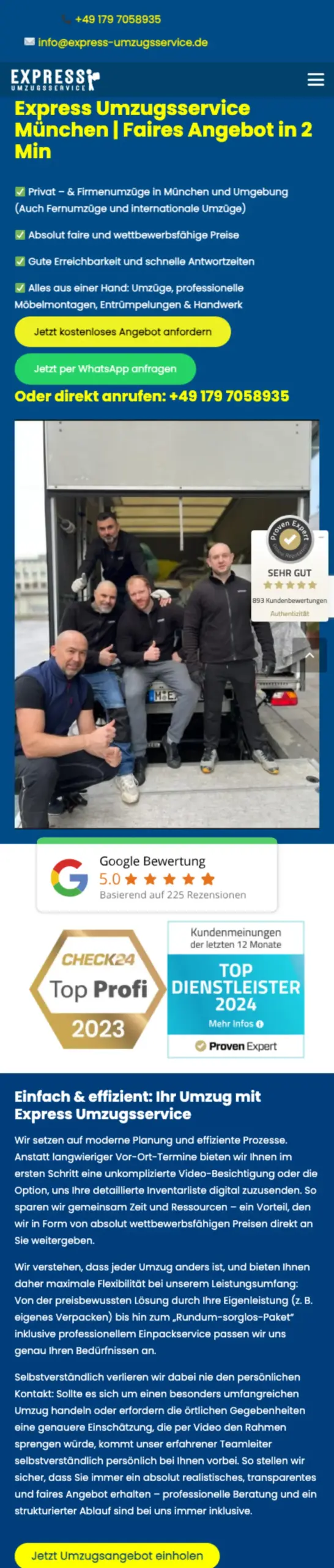 Website von Express Umzugsservice, Landkreis Fürstenfeldbruck in der Mobilansicht