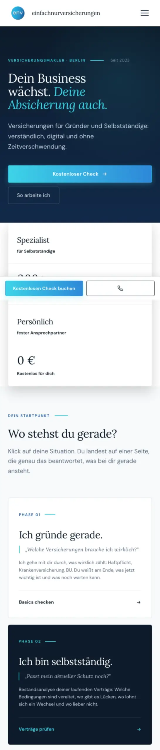 Website von ENV Versicherungsmakler UG, Berlin in der Mobilansicht