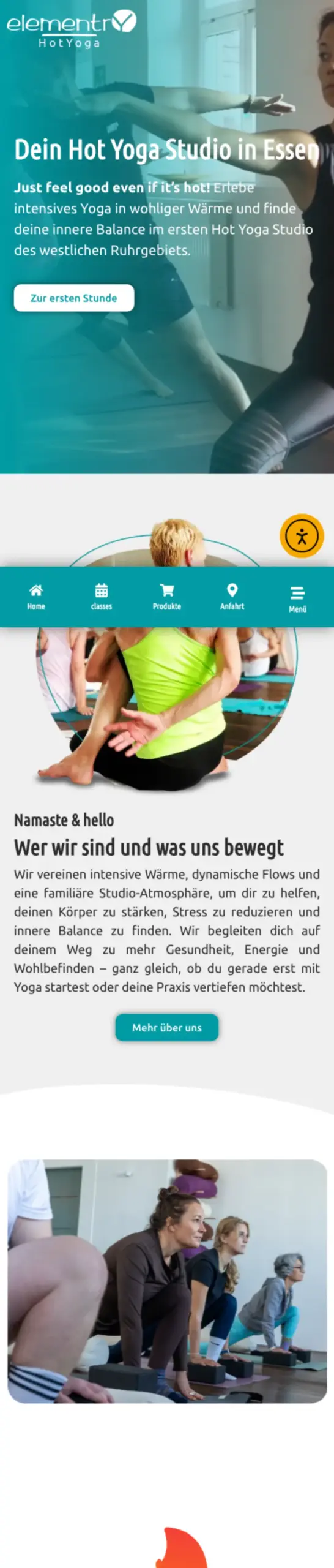 Website von elementry HotYoga, Essen in der Mobilansicht
