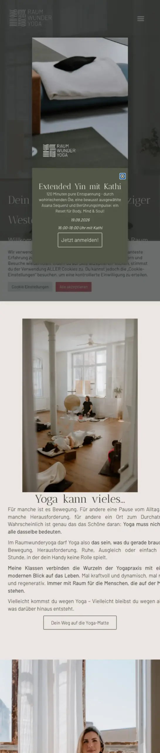 Website von Raumwunderyoga, Leipzig in der Mobilansicht