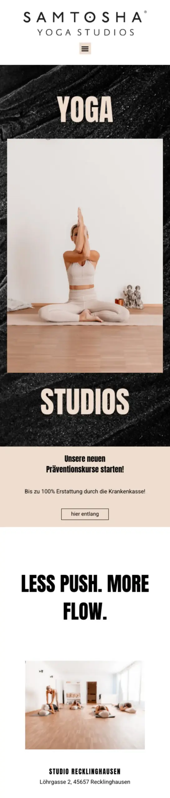 Website von Samtosha‑Studios, Recklinghausen in der Mobilansicht