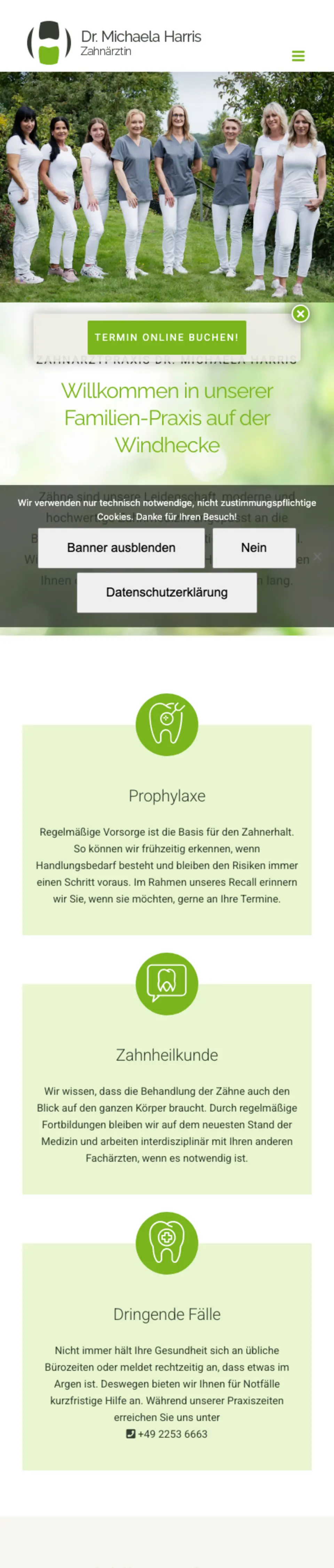 Website von Zahnarztpraxis Windhecke, Kreis Euskirchen in der Mobilansicht