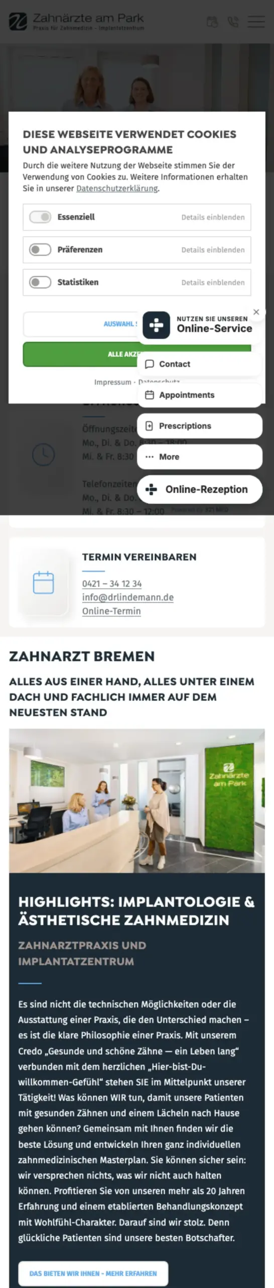 Website von Zahnärzte am Park, Bremen in der Mobilansicht