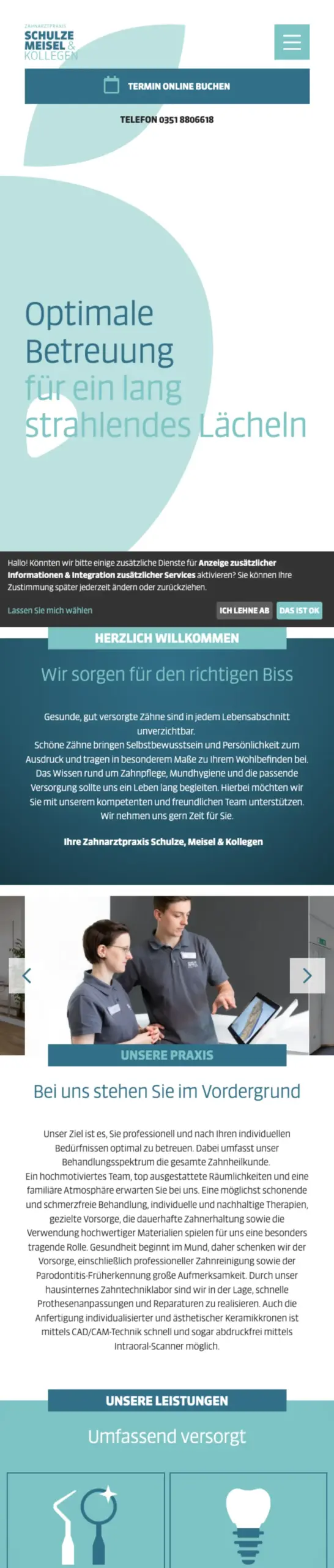 Website von Zahnarztpraxis Schulze, Meisel & Kollegen, Dresden in der Mobilansicht