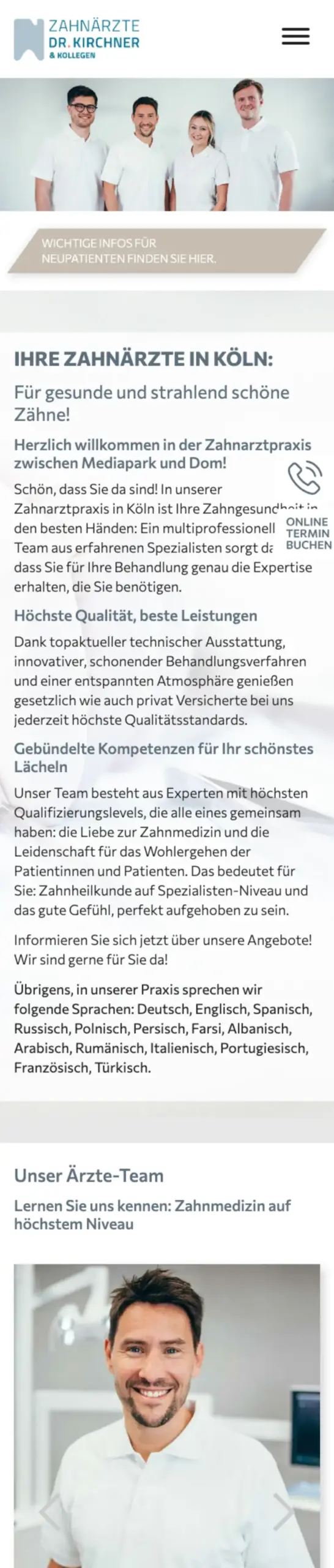 Website von Zahnärzte Dr. Kirchner & Kollegen Köln, Köln in der Mobilansicht