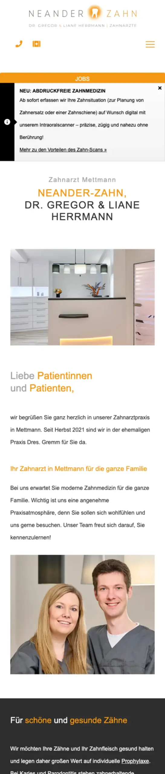 Website von Neander‑Zahn, Kreis Mettmann in der Mobilansicht