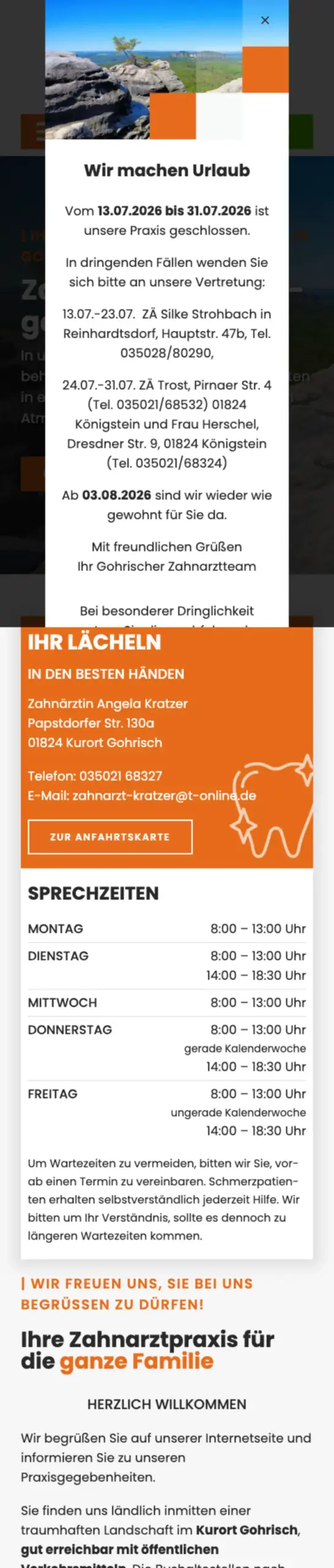 Website von Zahnarztpraxis Angela Kratzer, Landkreis Sächsische Schweiz-Osterzgebirge in der Mobilansicht