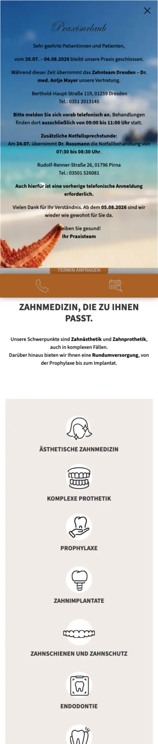 Website von Zahnarztpraxis Dr. Christiane Lüdtke, Landkreis Sächsische Schweiz-Osterzgebirge in der Mobilansicht