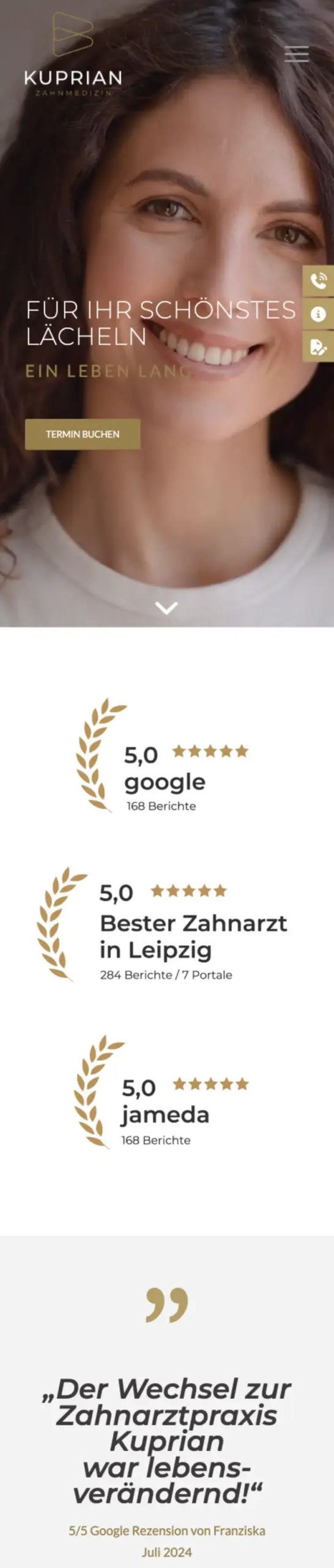 Website von Kuprian Zahnmedizin, Leipzig in der Mobilansicht