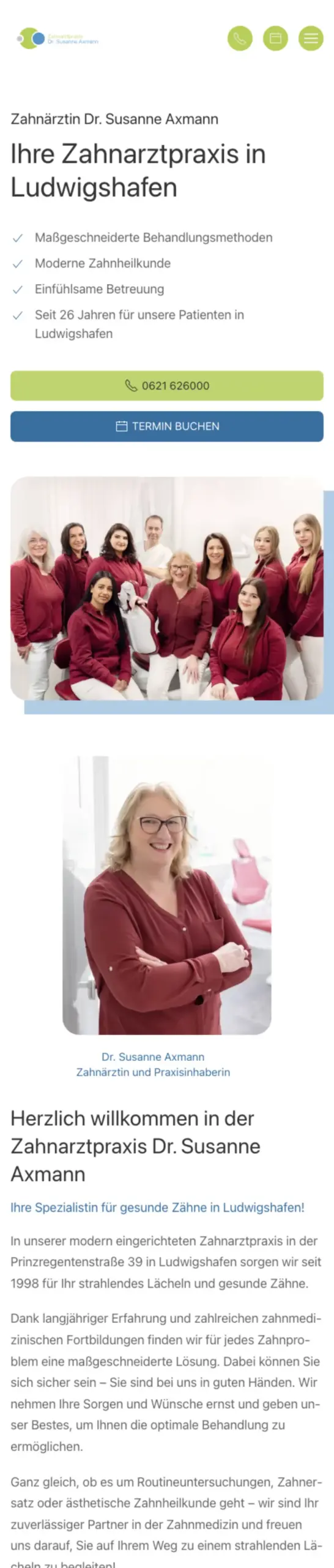 Website von Zahnarztpraxis Dr. Susanne Axmann, Ludwigshafen am Rhein in der Mobilansicht