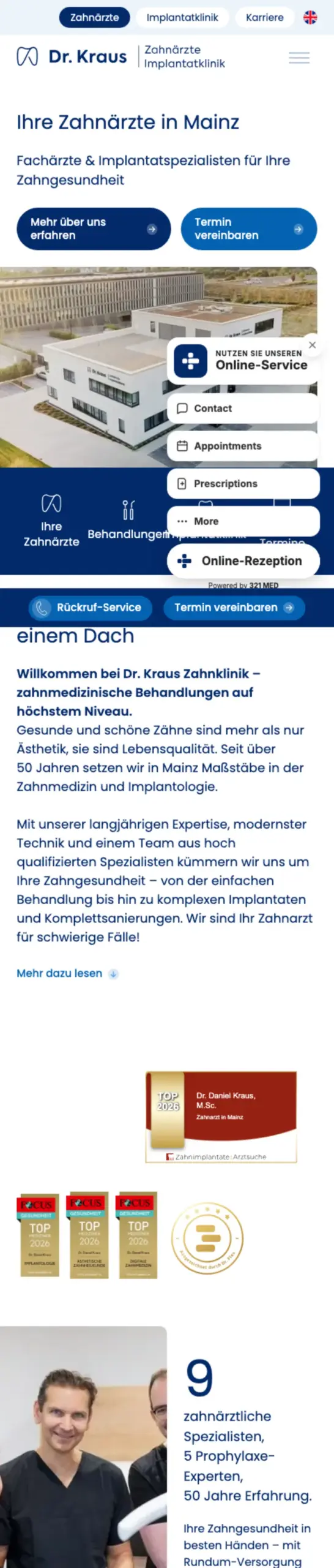 Website von Dr. Kraus Zahnärzte & Implantatklinik, Mainz in der Mobilansicht