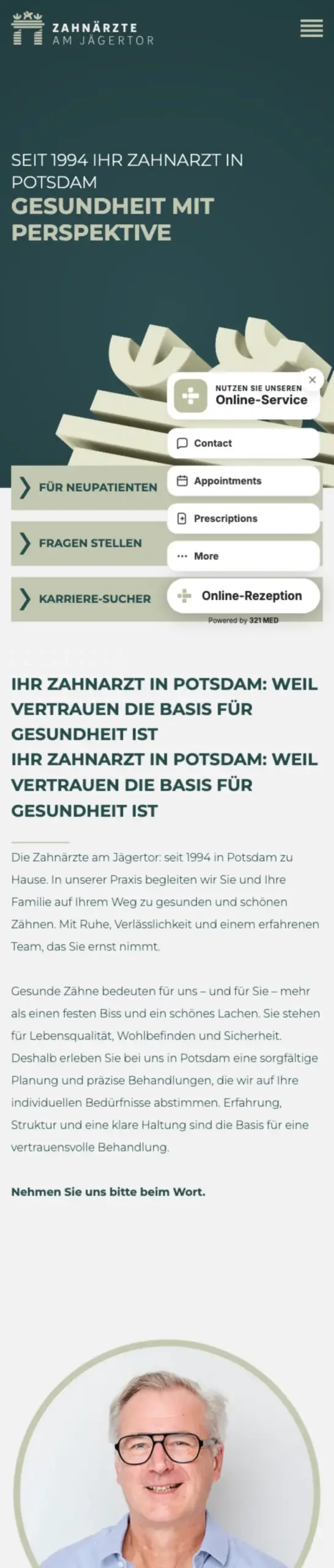 Website von Zahnärzte am Jägertor, Potsdam in der Mobilansicht