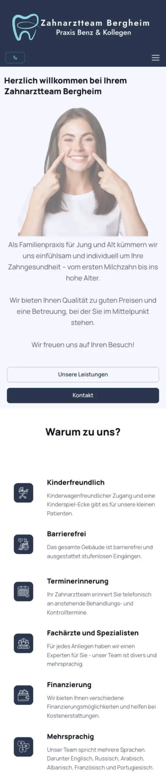 Website von Zahnarztteam Bergheim, Rhein-Erft-Kreis in der Mobilansicht