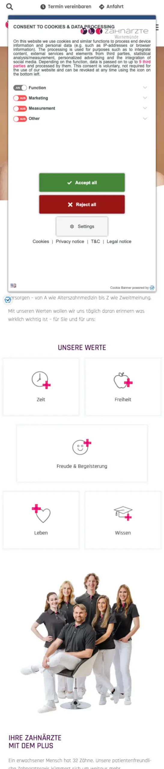 Website von Zahnärzte Warnemünde, Rostock in der Mobilansicht