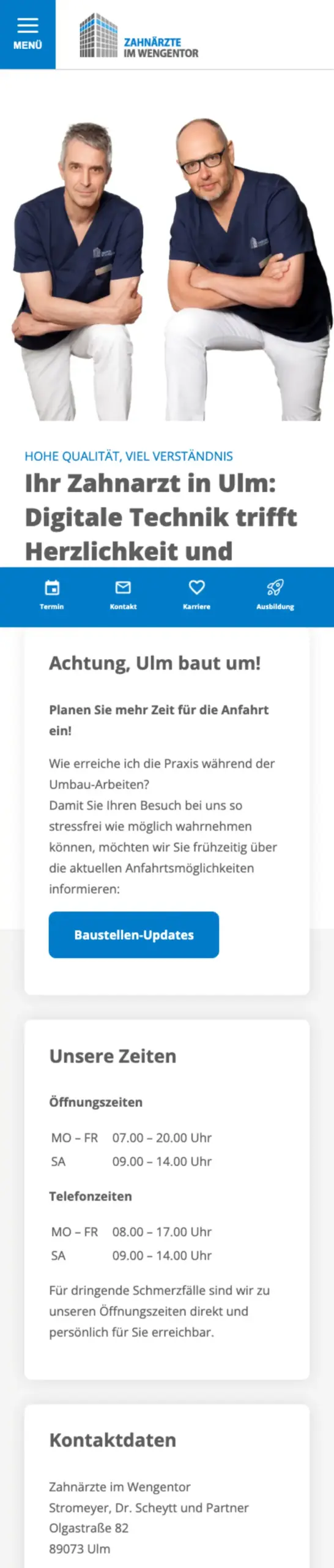 Website von Zahnärzte Ulm, Ulm in der Mobilansicht
