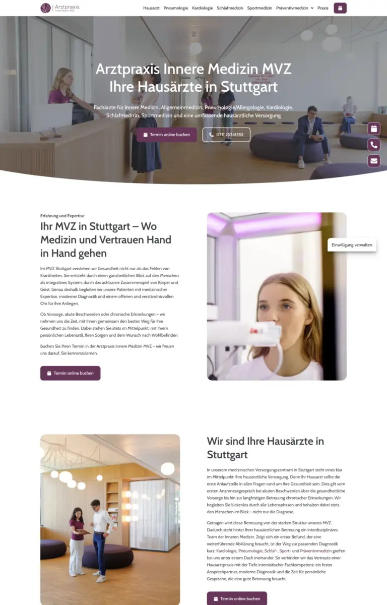 Startseite der Website von Ärzte Arztpraxis Innere Medizin MVZ GbR aus Stuttgart-Degerloch in der Desktop-Ansicht