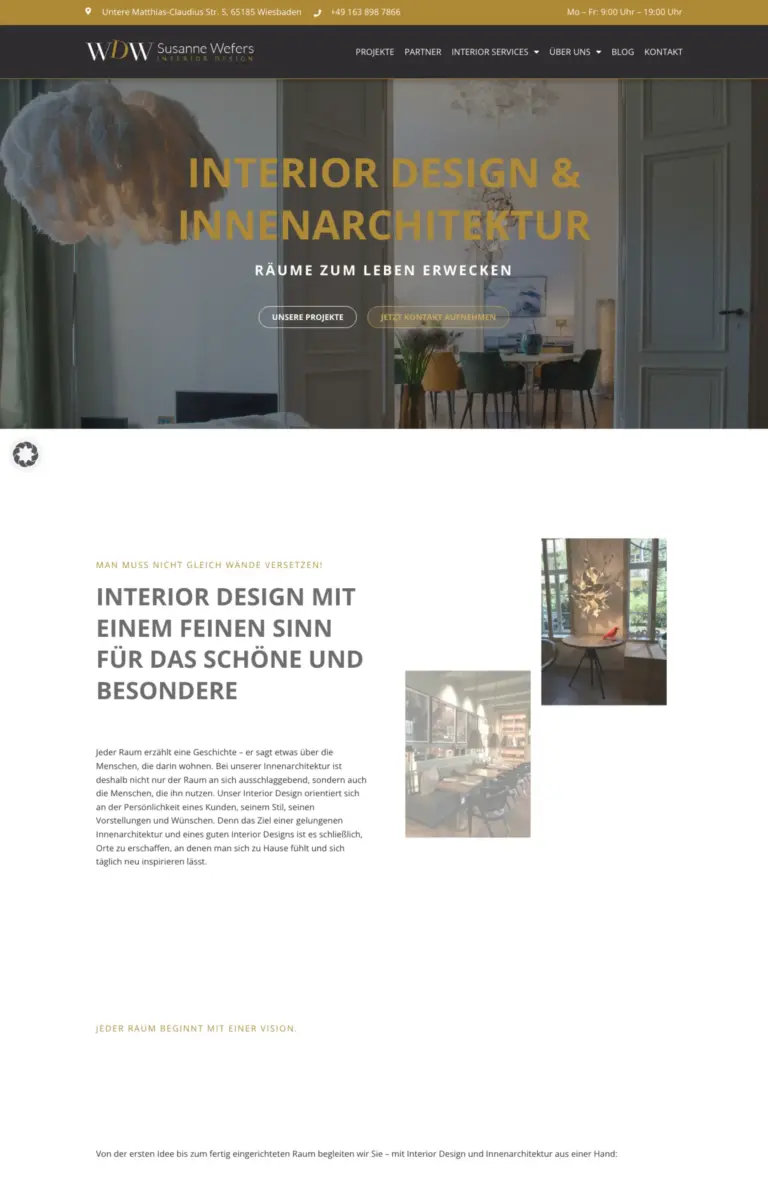 Startseite der Website von Architekturbüro WDW Interior Design aus Wiesbaden in der Desktop-Ansicht