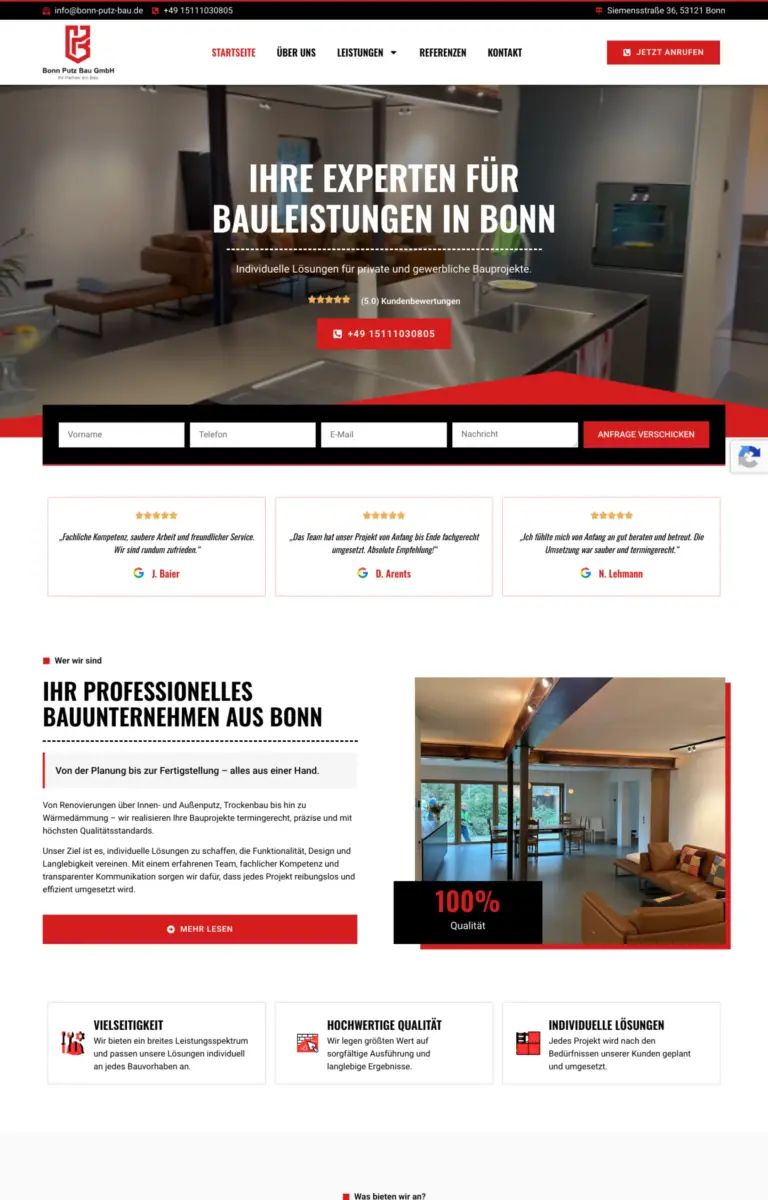 Startseite der Website von Bauunternehmen Bonn Putz Bau GmbH aus Bonn in der Desktop-Ansicht