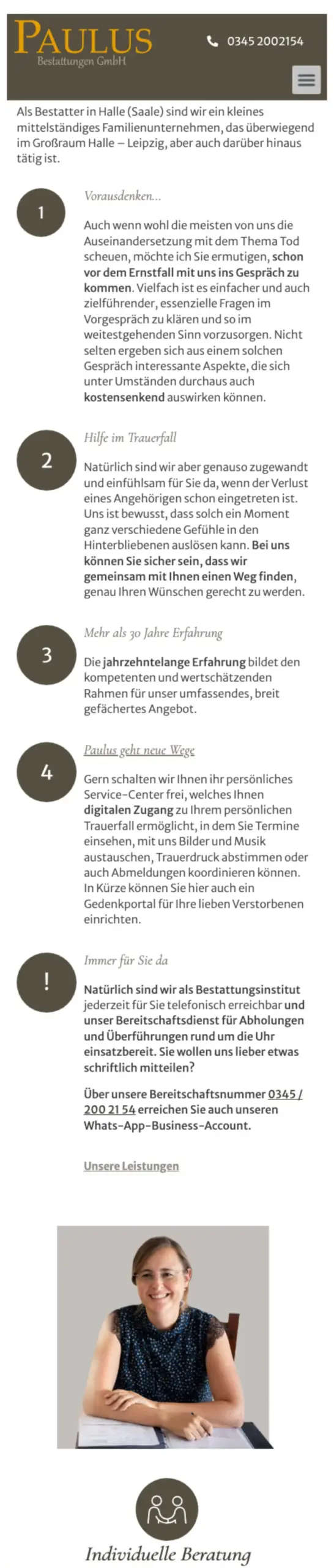 Website von Paulus Bestattungen GmbH, Halle (Saale) in der Mobilansicht